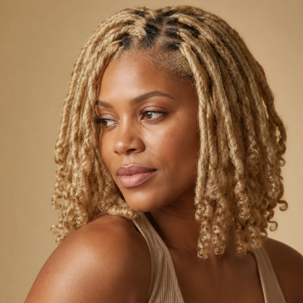 Three-quarter side view of medium-length butter blonde butterfly locs with a soft golden glow and even distressed texture