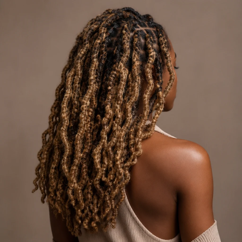 Back angle of butterfly locs with dark shadow roots melting into dark blonde lengths on a Black woman