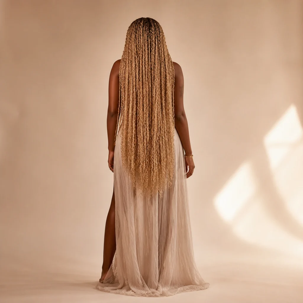 Full-length back view of waist-length sun-kissed blonde butterfly locs with warm golden dimension and airy loops