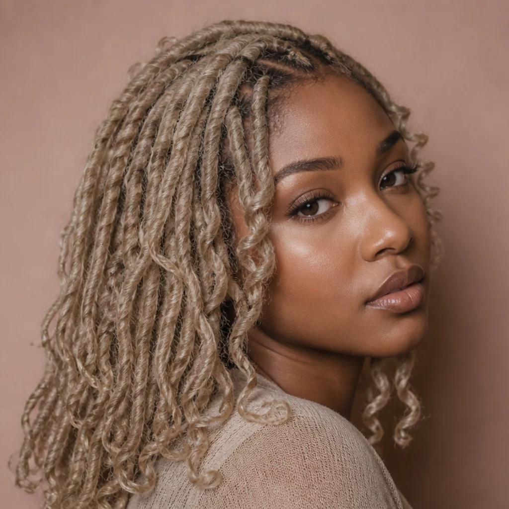 Three-quarter side view of cool ash blonde butterfly locs with smoky beige tone and even looped texture