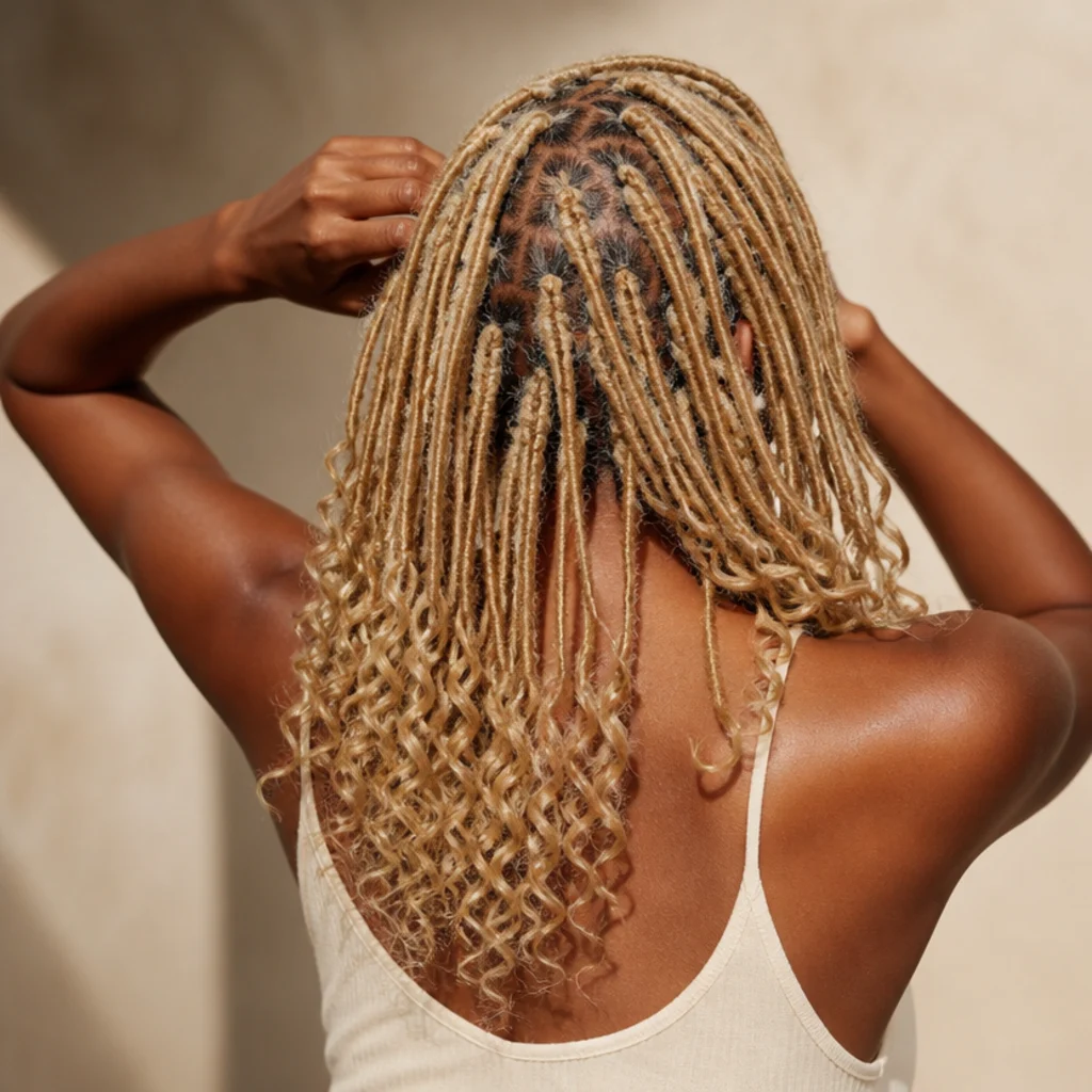 Back view of blonde butterfly locs finished with tight curly ends that spring out from the smooth loc body