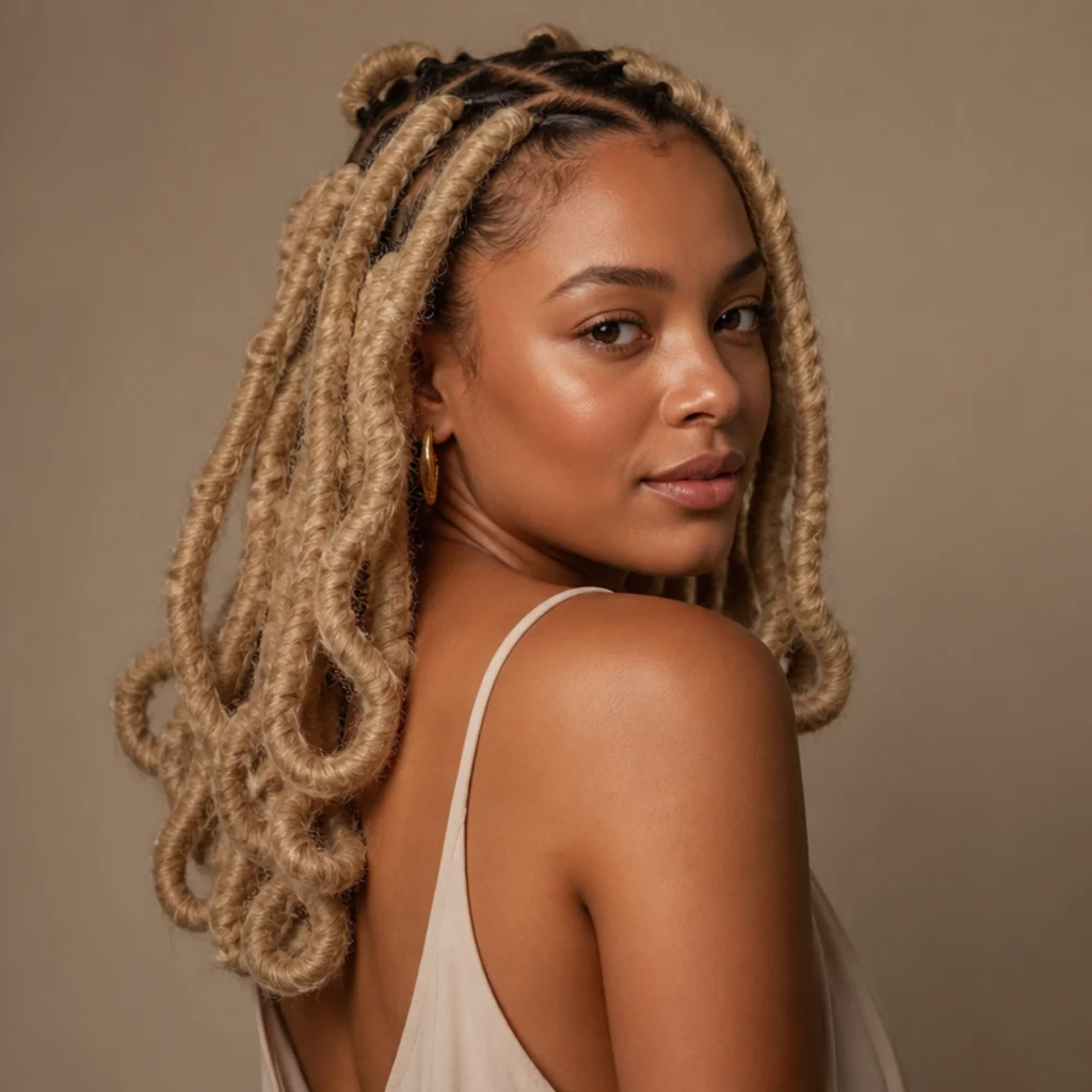 Three-quarter back angle of chunky jumbo blonde butterfly locs with thick statement loops on a Black woman