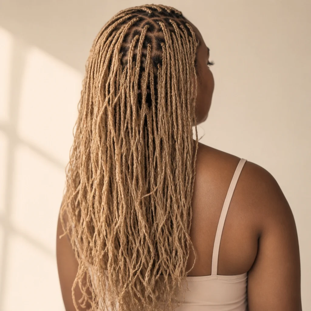 Back view of fine micro blonde butterfly locs with many thin delicate loops and soft movement