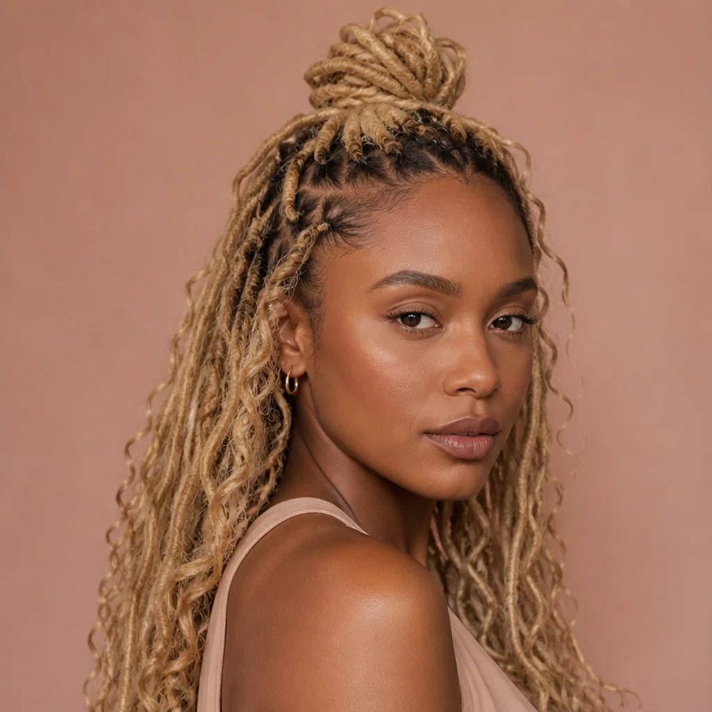 Three-quarter view of blonde butterfly locs styled half-up into a loose top bun with loops falling loose at the back