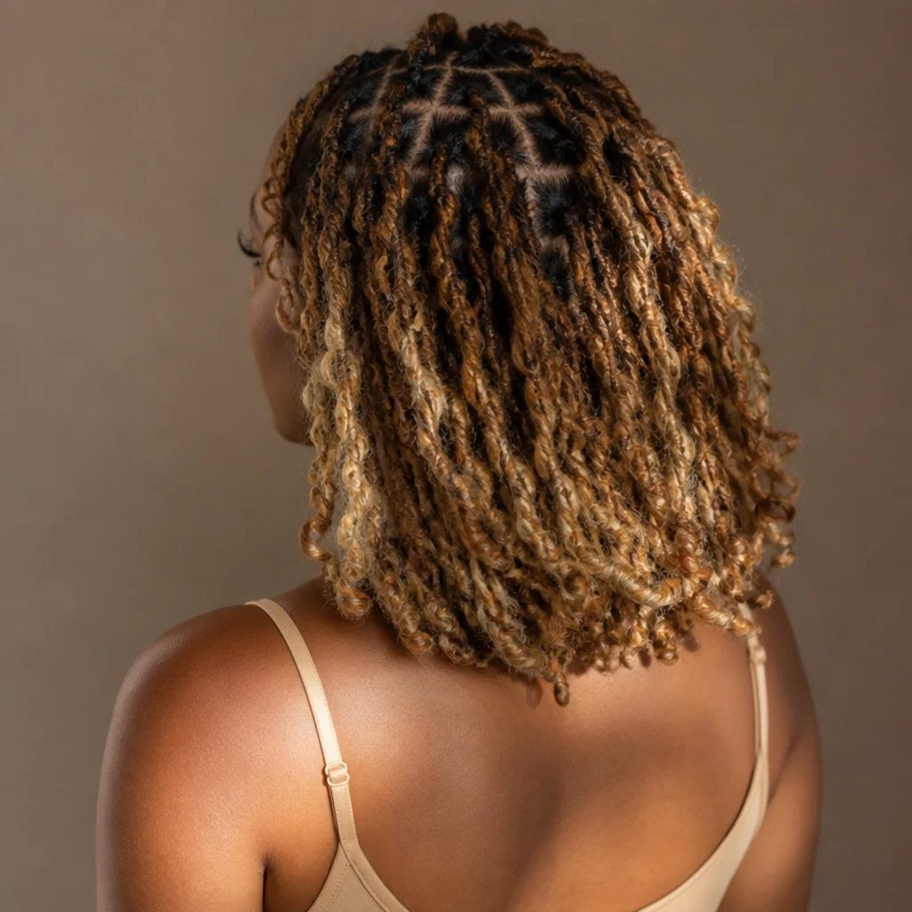 Back view of butterfly locs blending caramel and blonde highlighted strands for a multi-tonal dimensional finish