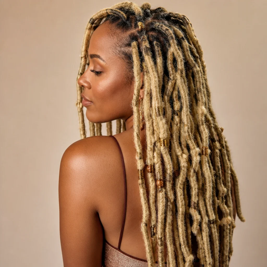 Three-quarter back angle of blonde butterfly locs accessorized with gold cuffs and wooden beads along several locs