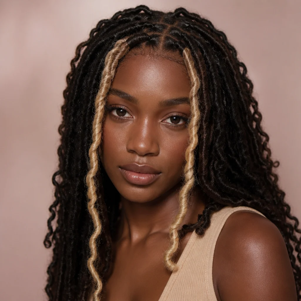 Front-facing three-quarter view of blonde butterfly locs with two bright money-piece locs framing the face against darker lengths