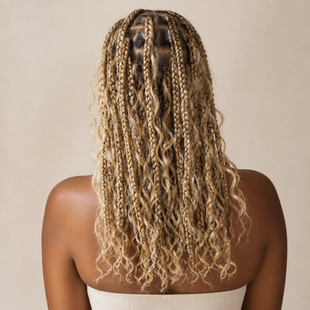 Back view of bra-strap length boho blonde butterfly locs with loose curly pieces and airy distressed loops