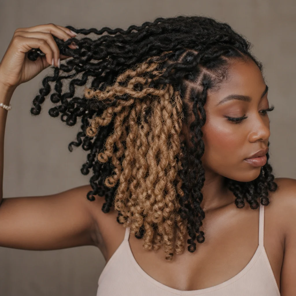Three-quarter view of butterfly locs with a hidden blonde under layer revealed beneath darker top locs when hair moves