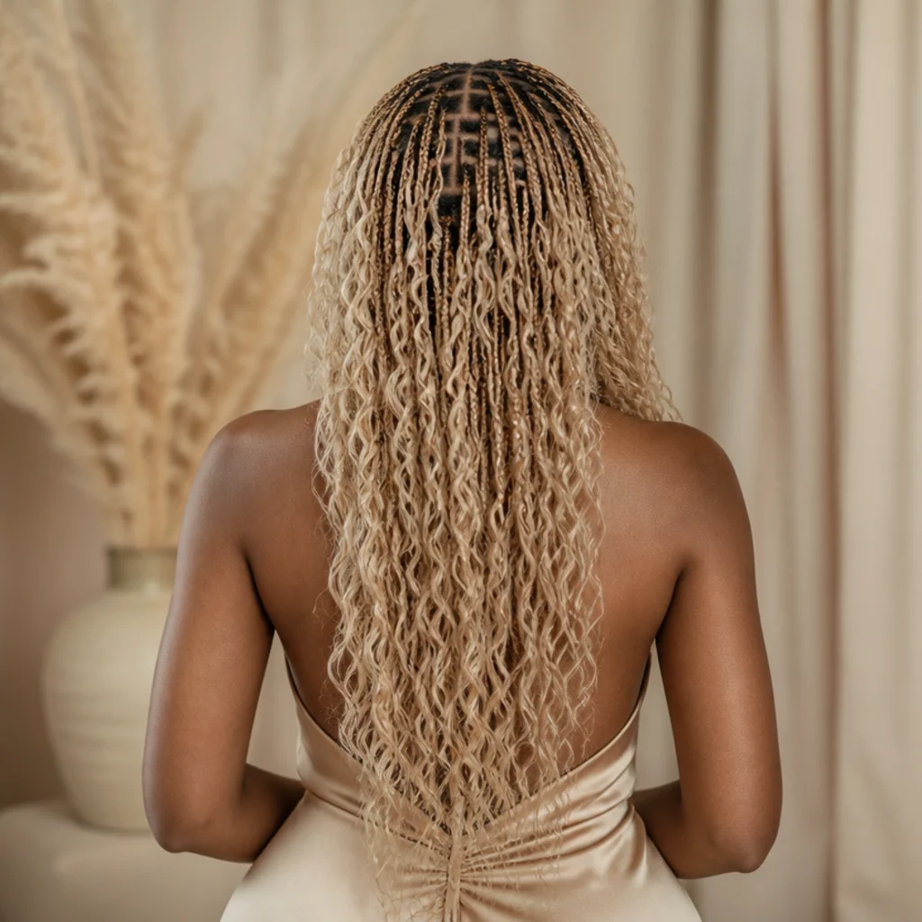 Full back view of long champagne blonde butterfly locs styled softly for an event with delicate loops and gentle waves
