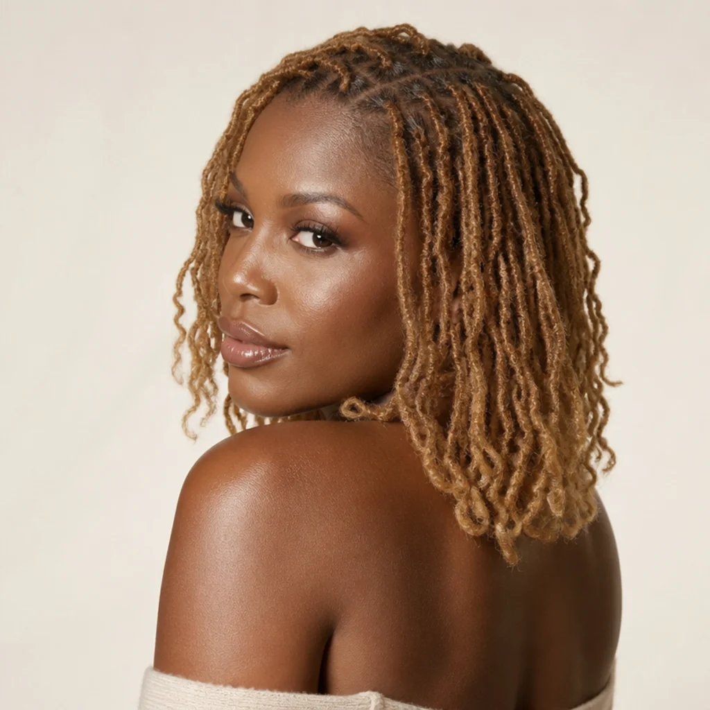 Black woman shown from three-quarter back angle wearing shoulder-length honey-blonde butterfly locs with soft looped texture and curly ends