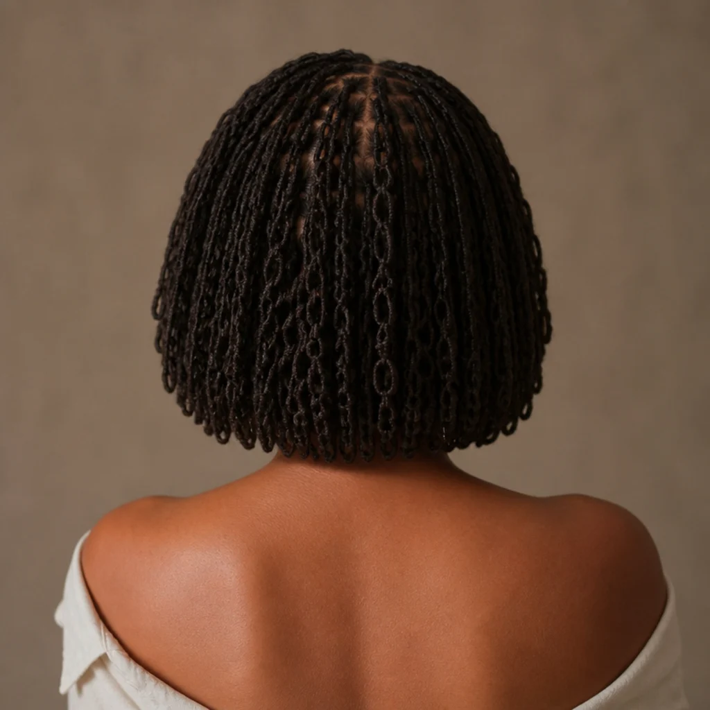Back view of a chin-length butterfly locs bob styled in a rounded blunt shape with visible distressed loop texture and a soft interior curve