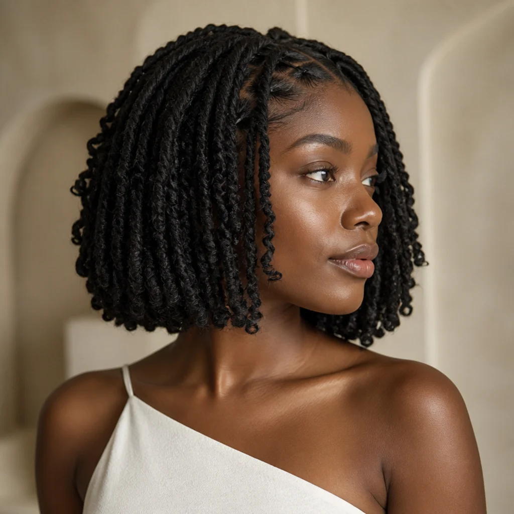 Three-quarter side view of a blunt neck-length butterfly locs bob with an even, sharp bottom line grazing the collar