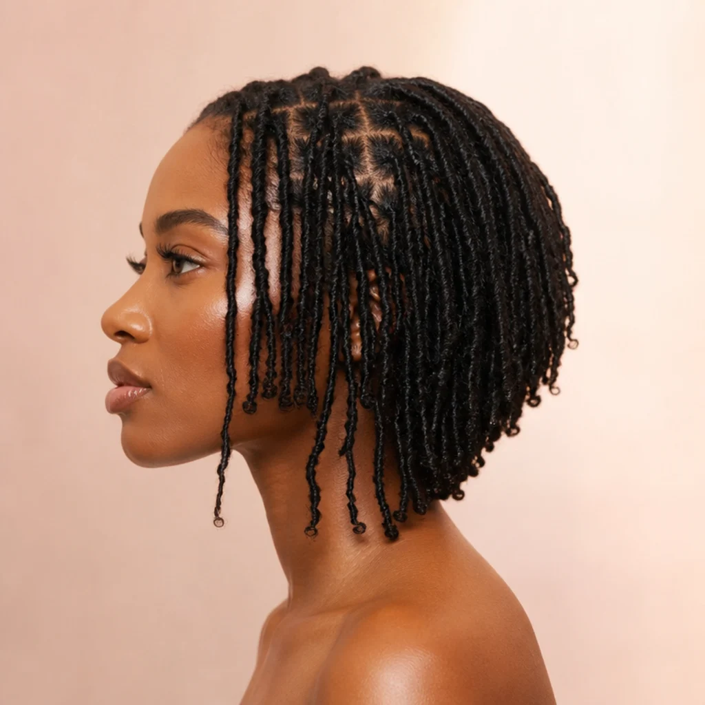 Side profile of an angled A-line butterfly locs bob longer at the front and graduating shorter toward the nape