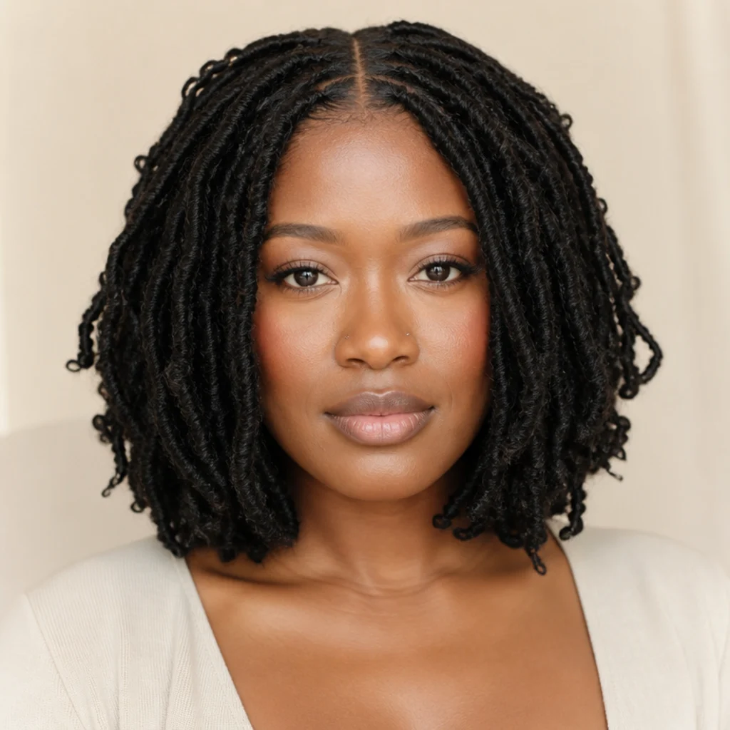 Front view of a butterfly locs bob with a clean center part falling evenly on both sides of the face