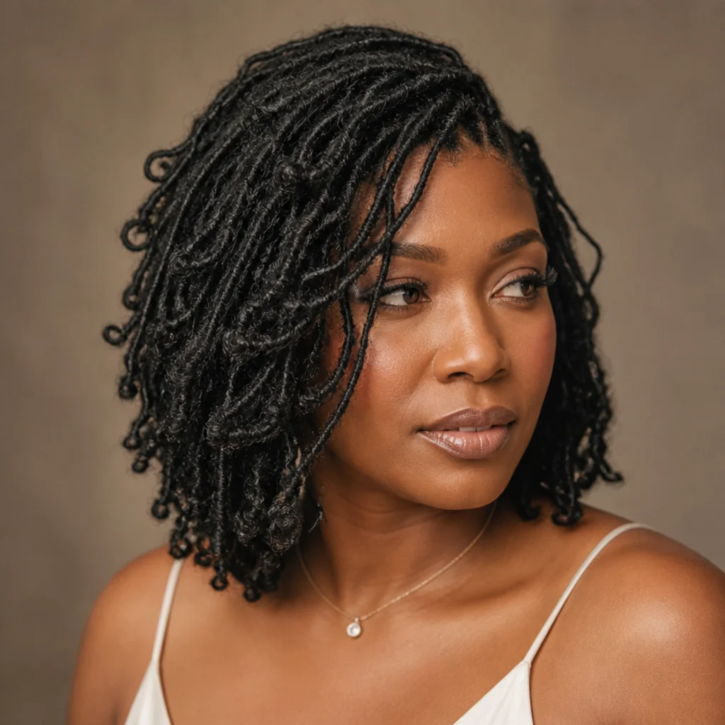 Three-quarter view of a butterfly locs bob with a deep side part sweeping locs across the forehead in a glamorous tilt