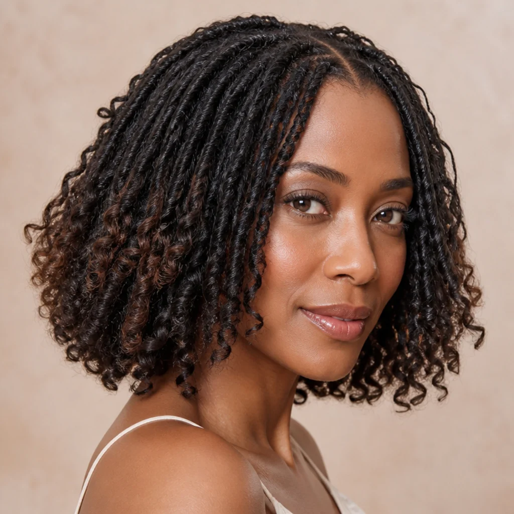 Close three-quarter view of a butterfly locs bob finished with soft coiled curly ends breaking up the blunt line