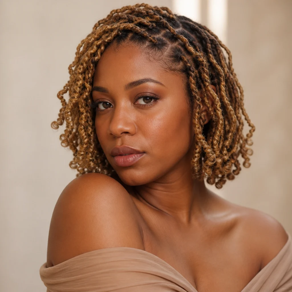Black woman with a warm honey-blonde butterfly locs bob framing her face in soft studio light