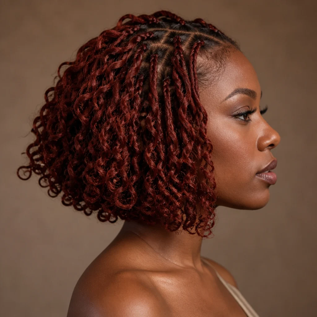 Side profile of a red butterfly locs bob with rich auburn tones and distressed looped texture