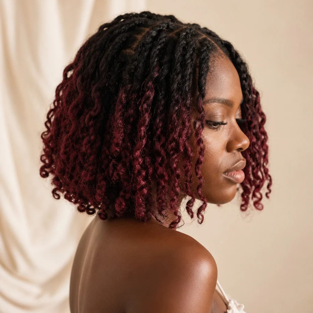 Side view of a butterfly locs bob fading from dark roots into rich burgundy ombre ends