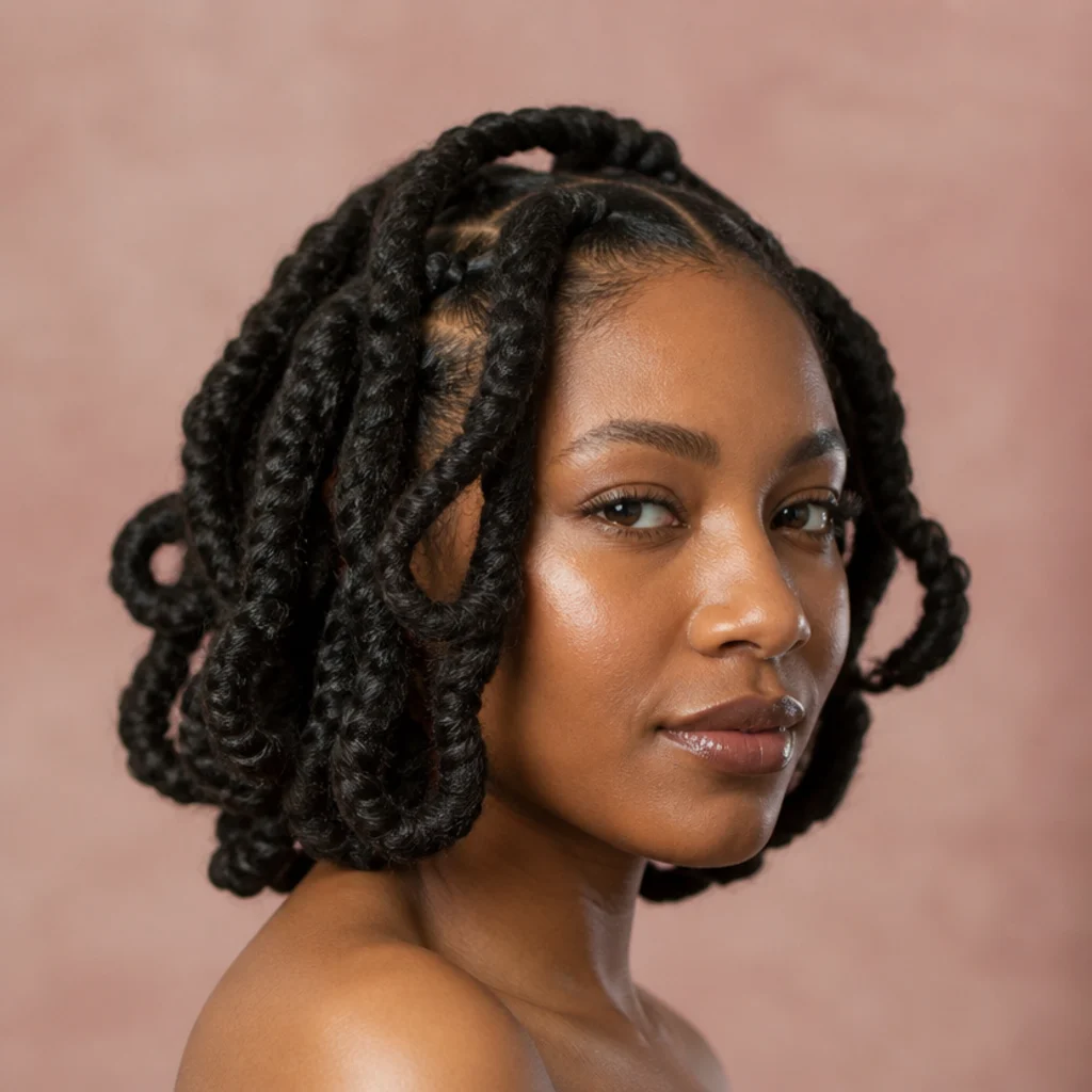 Three-quarter view of a chunky jumbo butterfly locs bob with wide distressed loops and bold volume