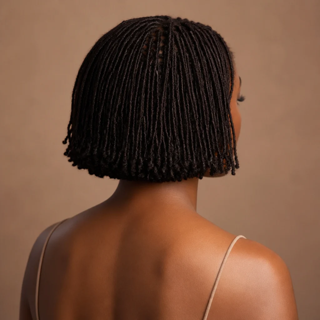 Back view of a fine micro butterfly locs bob with densely packed delicate loops and a crisp perimeter
