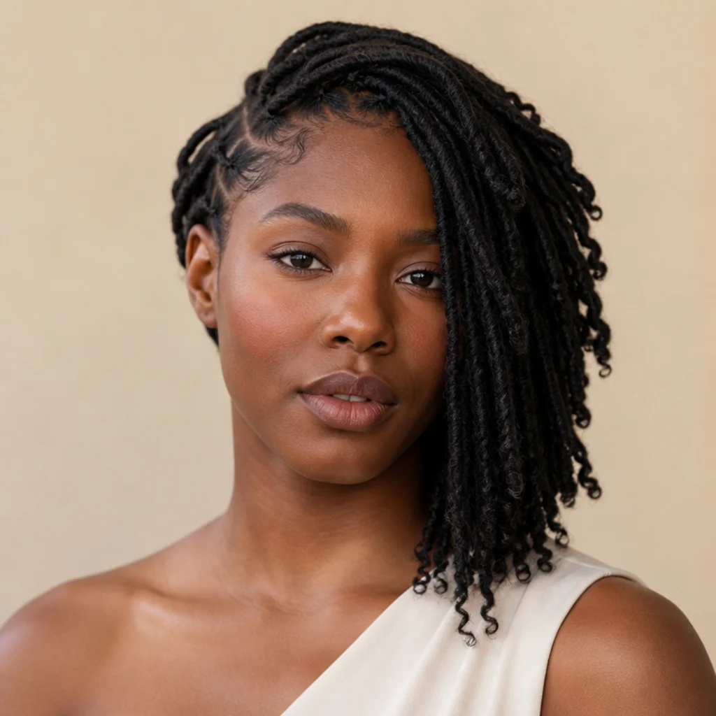 Front view of an asymmetric butterfly locs bob cut longer on one side than the other for an architectural edge