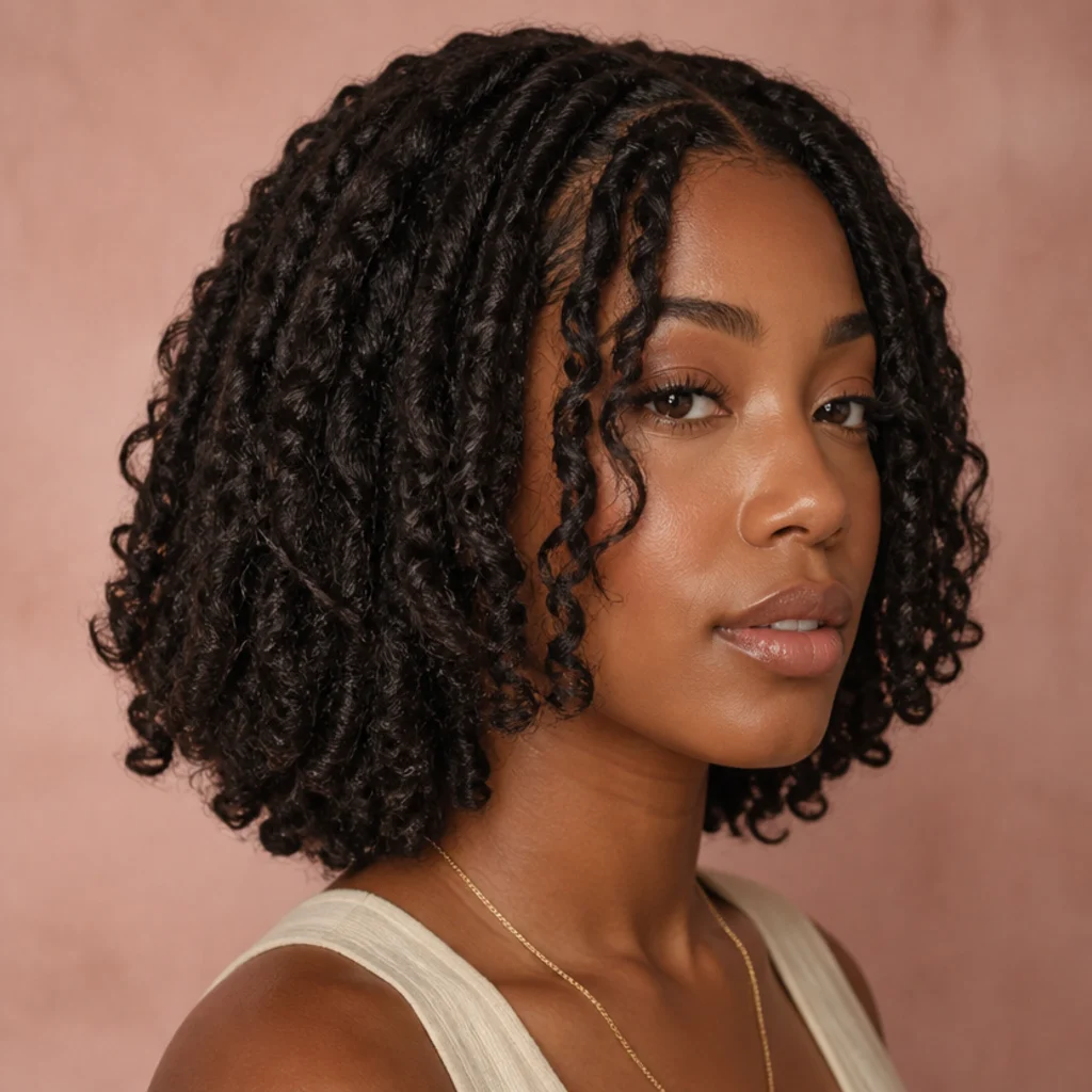 Three-quarter view of a butterfly locs bob with shorter face-framing locs falling around the cheekbones