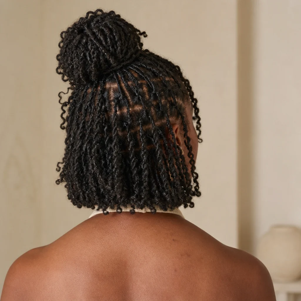 Back view of a butterfly locs bob gathered into a soft half-up bun with the lower locs left loose to frame the jaw