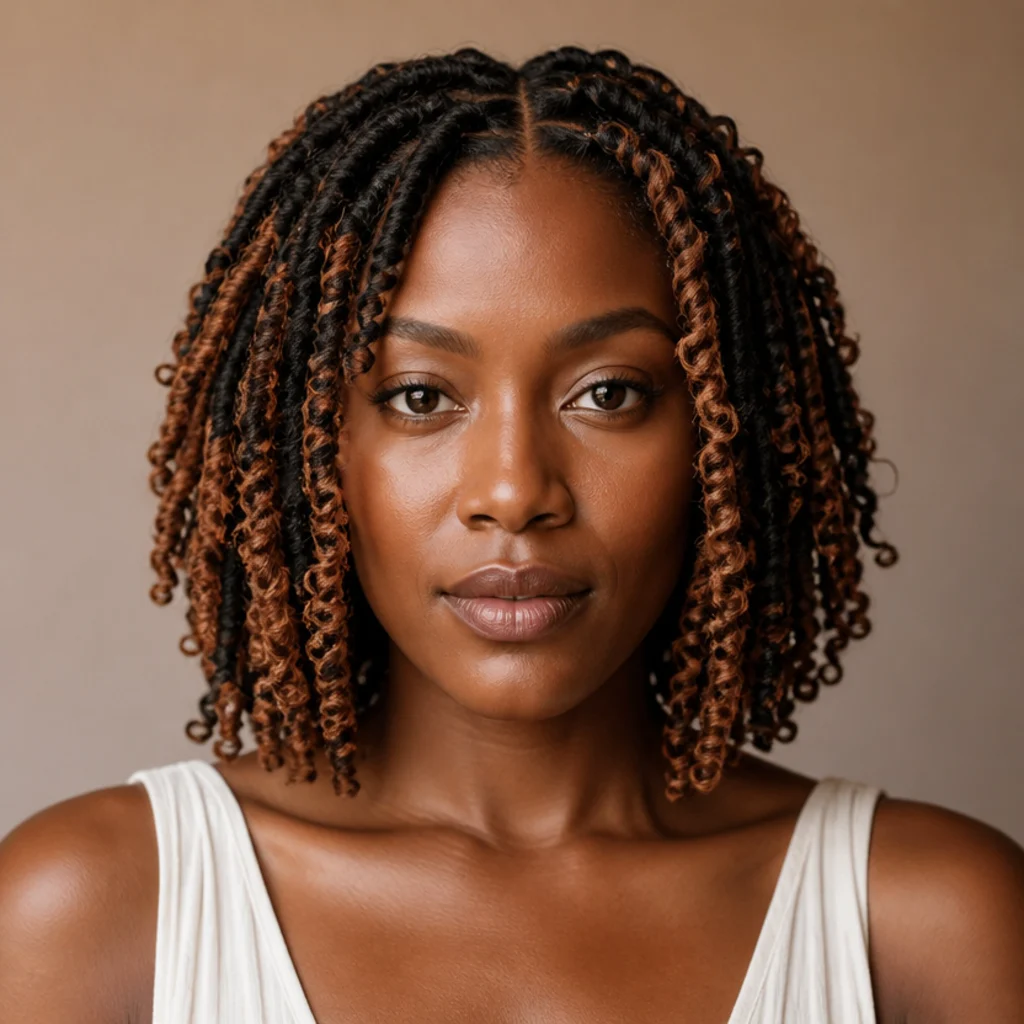 Front view of a two-tone butterfly locs bob blending two contrasting colors evenly throughout the loops