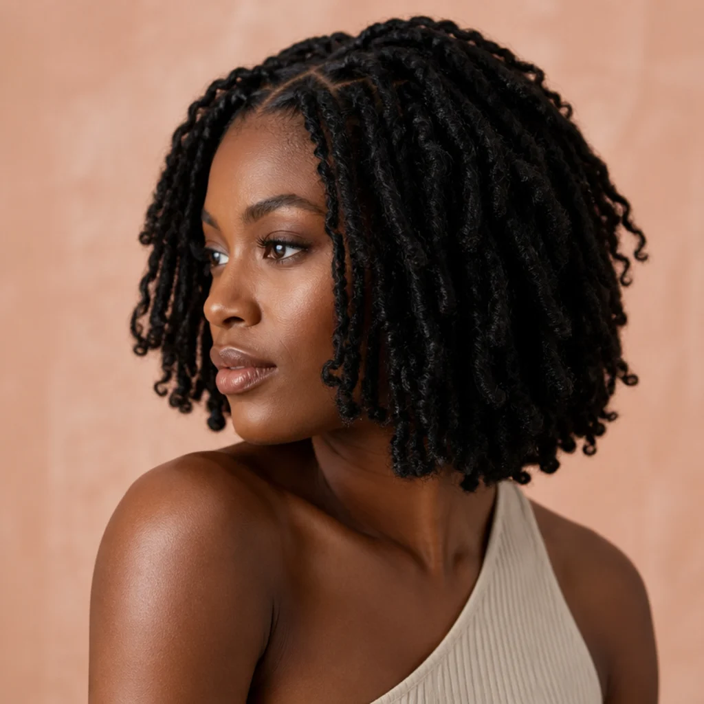 Black woman in three-quarter profile wearing a chin-length butterfly locs bob with soft distressed loop texture