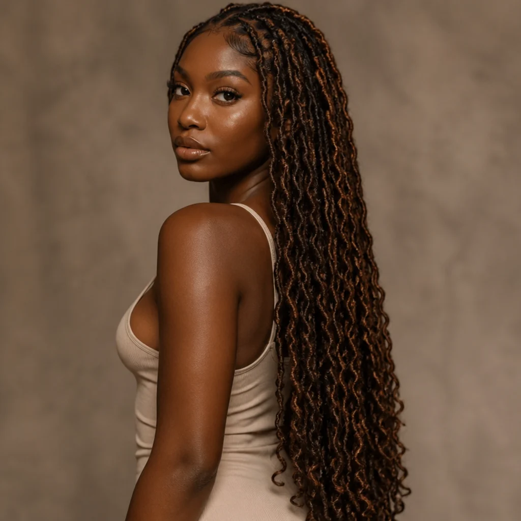 Black woman with waist-length boho butterfly locs in warm chestnut brown at a three-quarter side angle, loose curly loops running the full length and grazing her lower back