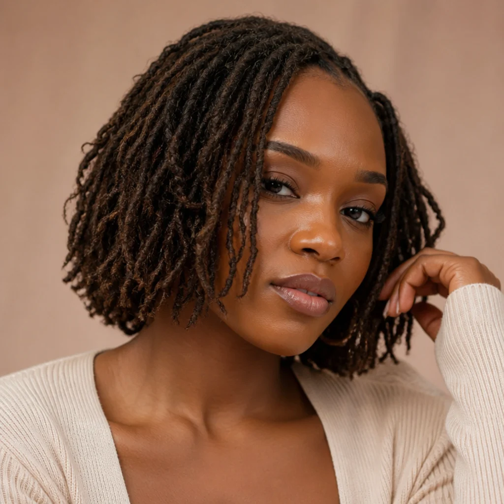 Black woman with a chin-length short butterfly locs bob in dark brown at a three-quarter front angle, blunt curly ends framing the jaw and softening the cheekbones