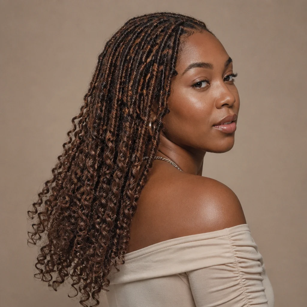 Black woman with butterfly locs featuring pronounced curly ends in medium brown at a side angle, defined spiral tips bouncing below the wrapped lengths