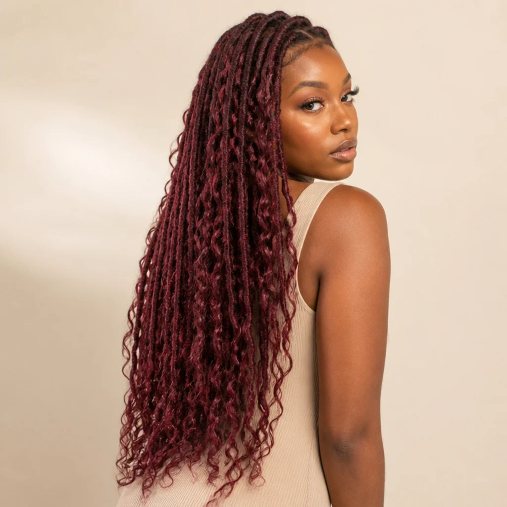 Black woman with burgundy wine butterfly locs at waist length seen from a three-quarter back angle, deep red tone glowing through the curly loops in low light