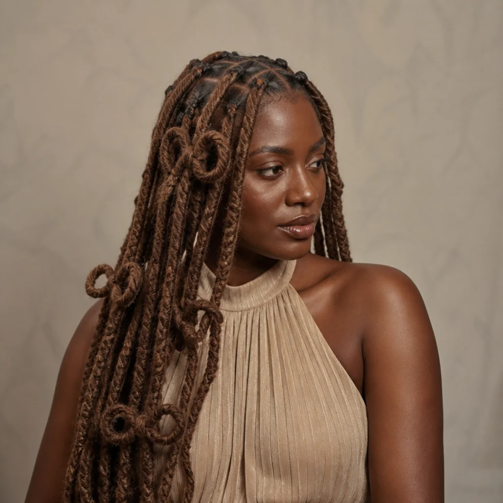 Black woman with chunky jumbo boho butterfly locs in warm brown at a front three-quarter angle, thick distressed strands with large open loops framing her shoulders