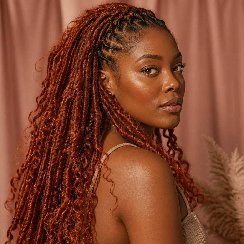 Black woman with ginger copper boho butterfly locs at mid-back length at a side angle, glowing warm orange-red tone lit from within through the soft loops