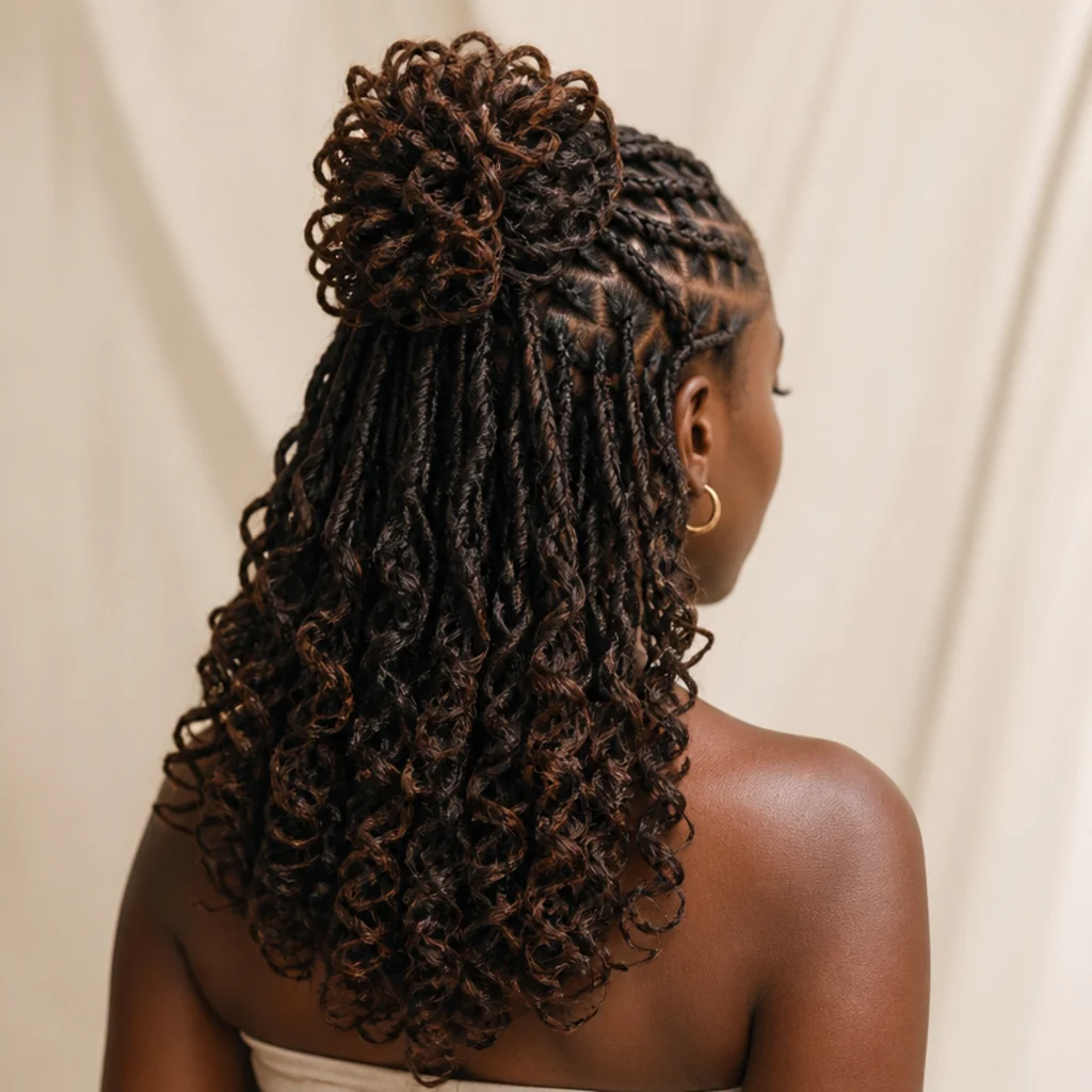Black woman wearing half-up half-down boho butterfly locs in brown seen from the back, the top section gathered into a loose knot with curly lengths falling free below
