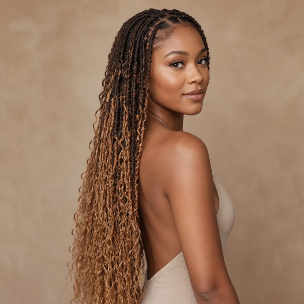Black woman with ombre boho butterfly locs shifting from dark brown roots to blonde ends at a three-quarter side angle, waist length with a gradual color melt