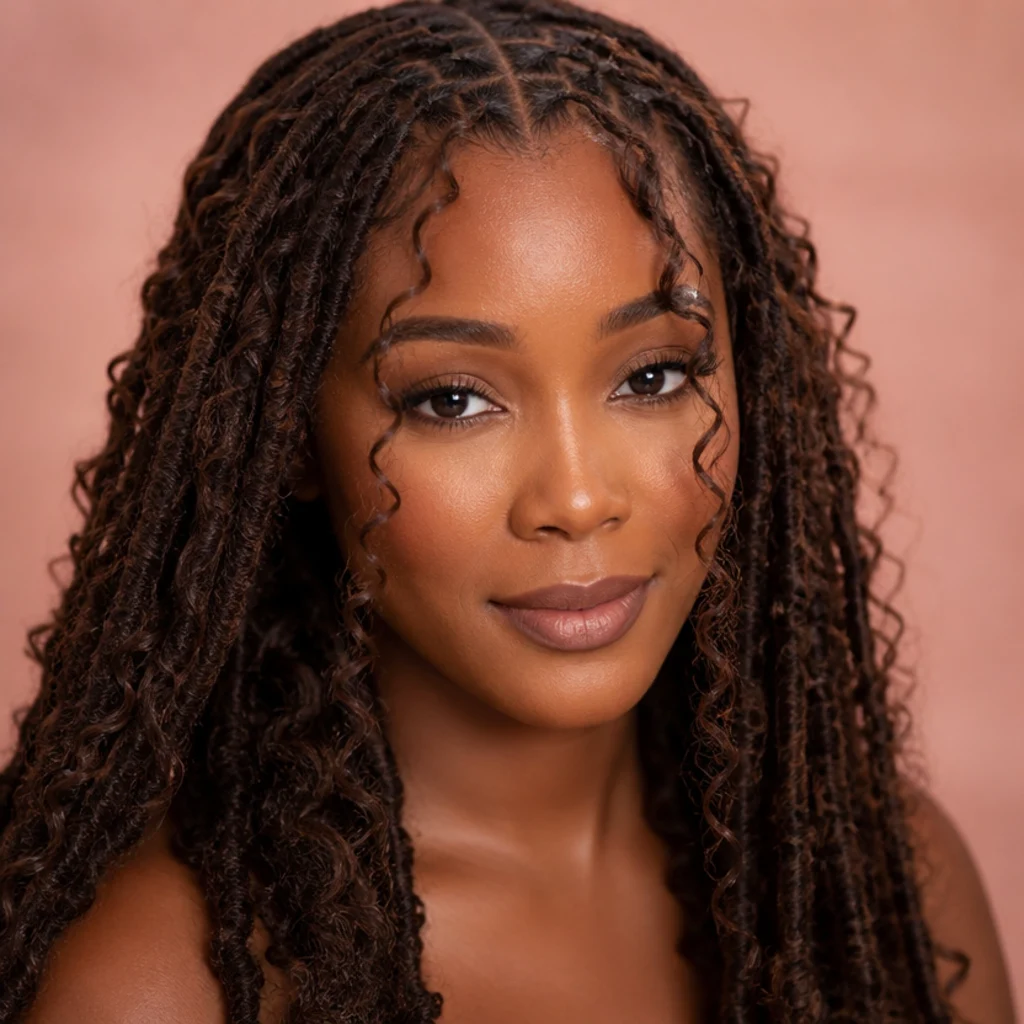 Black woman with boho butterfly locs and face-framing loose curls in medium brown at a front angle, soft tendrils softening the hairline and grazing the cheekbones