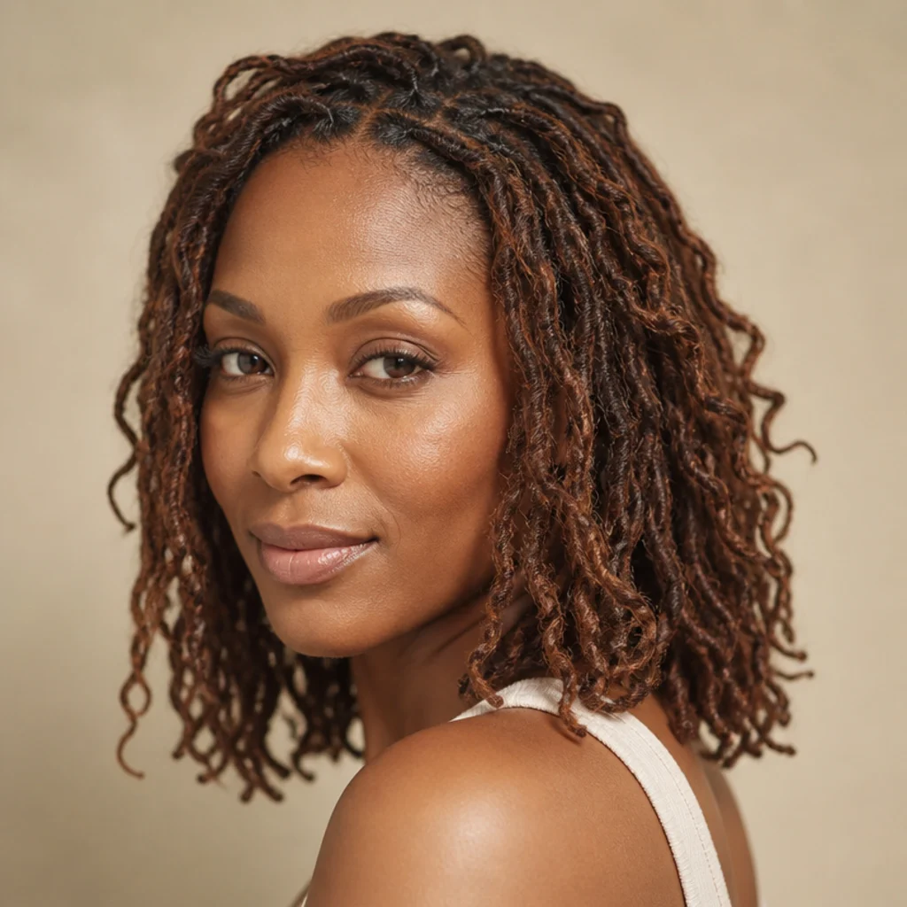 Black woman with shoulder-length boho butterfly locs in chestnut brown at a three-quarter angle, medium loops grazing the tops of her shoulders