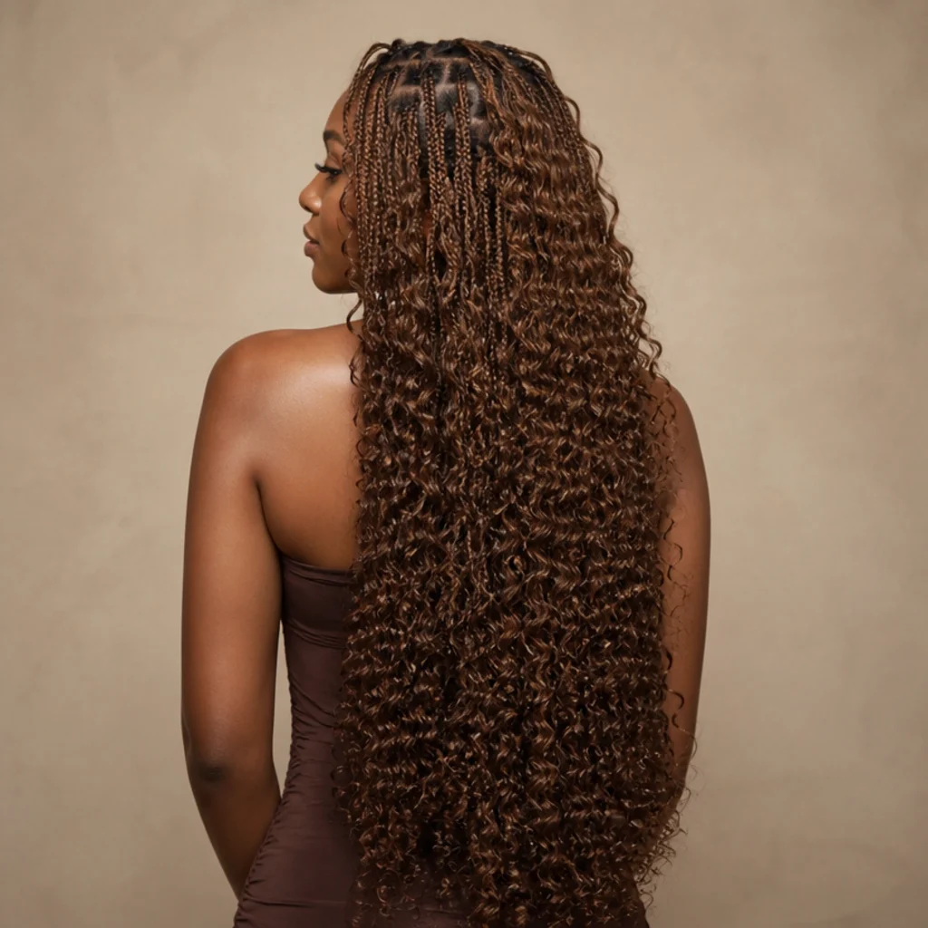 Black woman with boho butterfly locs and abundant cascading curls in warm brown seen from the back, voluminous loose curly texture flowing throughout the length