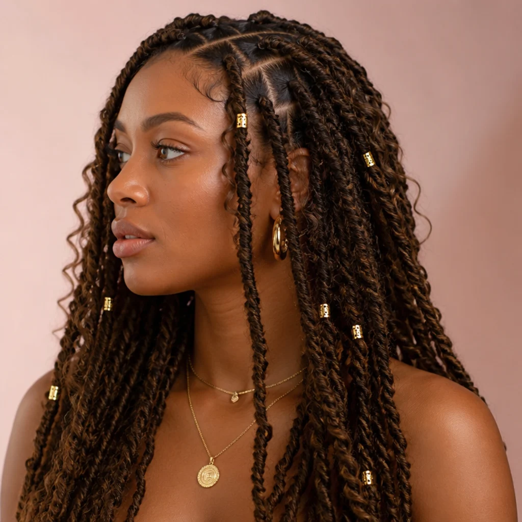 Black woman with boho butterfly locs in brown accented with gold metal cuffs at a side angle, the jewelry catching light along several front strands