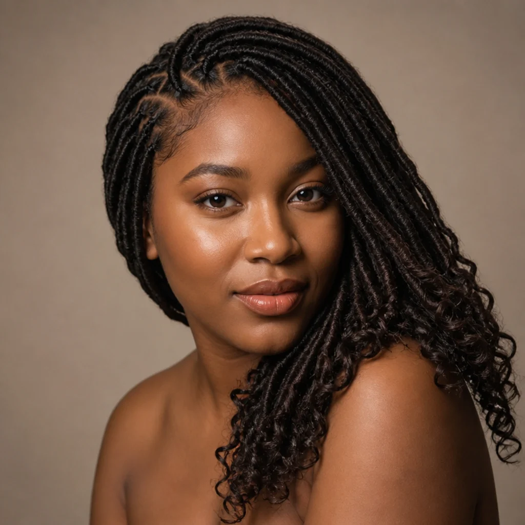 Black woman with side-swept boho butterfly locs in dark brown at a front three-quarter angle, all the locs gathered dramatically over one shoulder