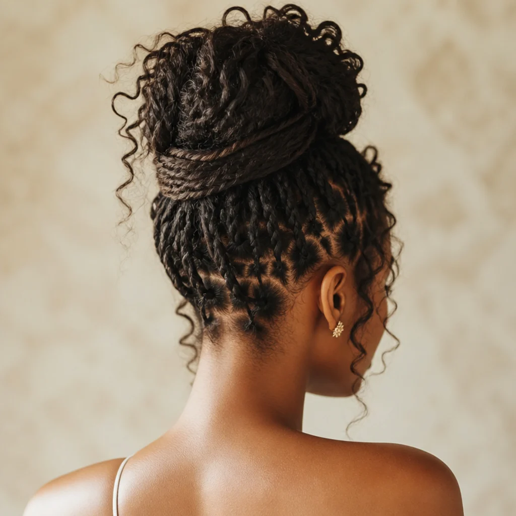Black woman with boho butterfly locs gathered into a high bun seen from the back, loose curly wisps escaping softly around the crown and nape