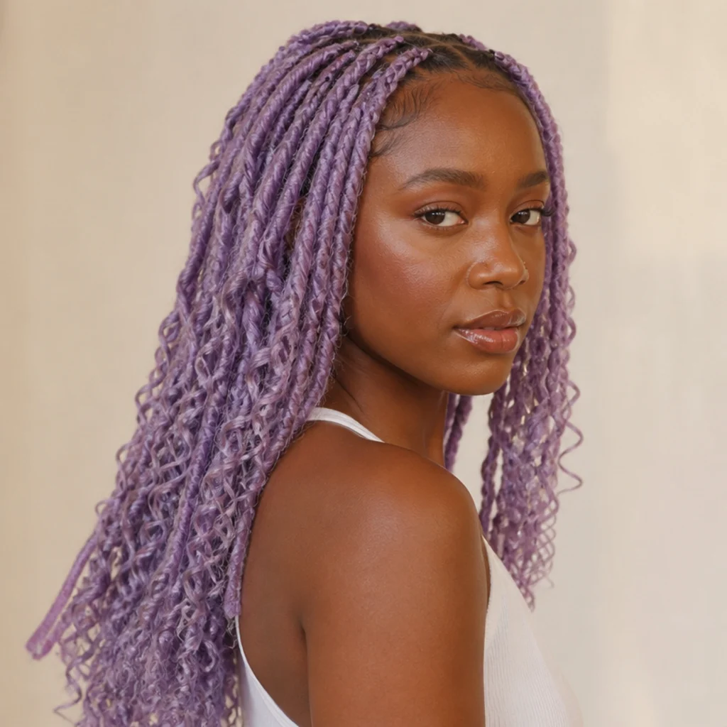 Black woman with pastel lavender boho butterfly locs at mid-back length at a three-quarter side angle, soft muted purple tone glowing through the curly loops