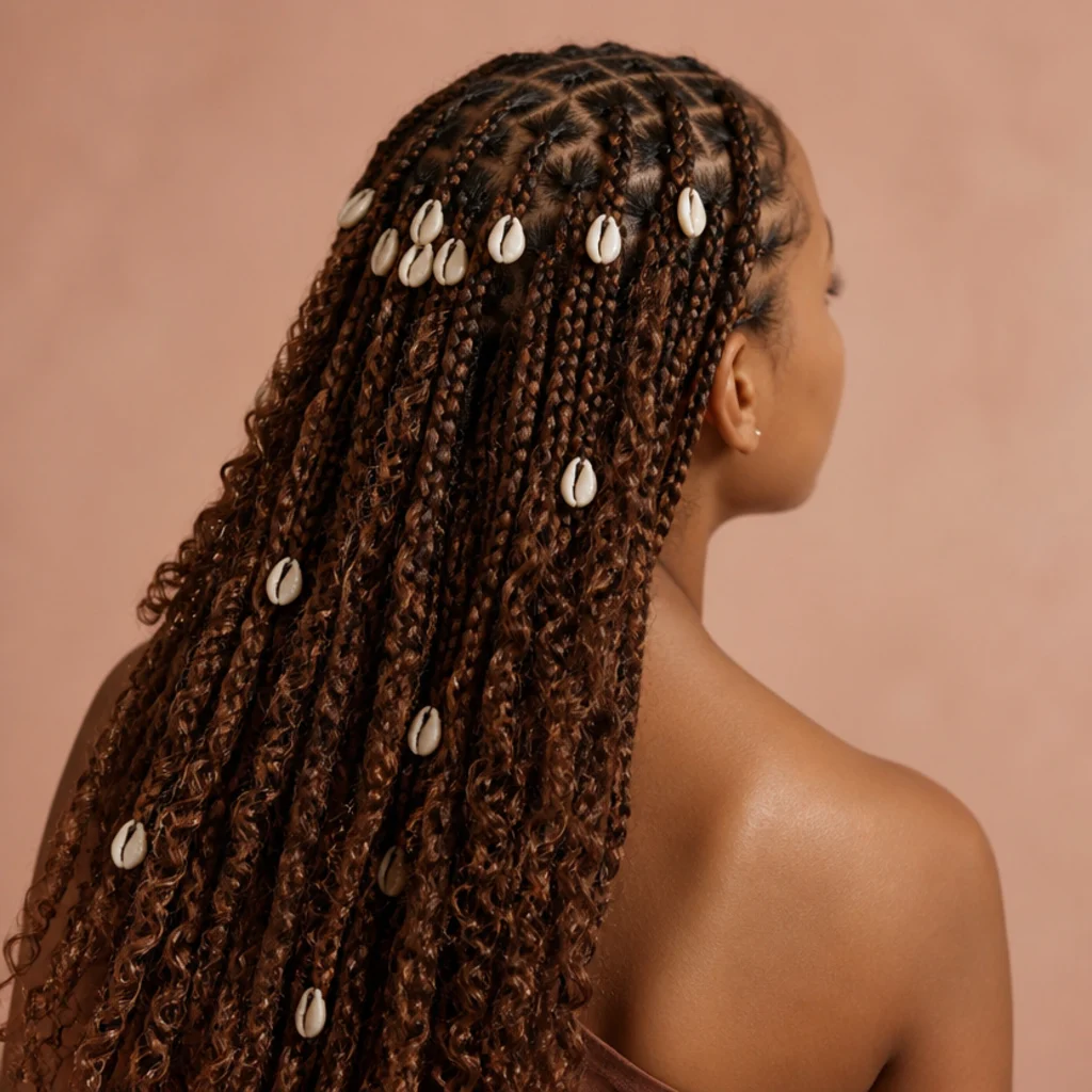 Black woman with brown boho butterfly locs decorated with cowrie shells seen from the back, creamy white shells threaded along several strands near the crown