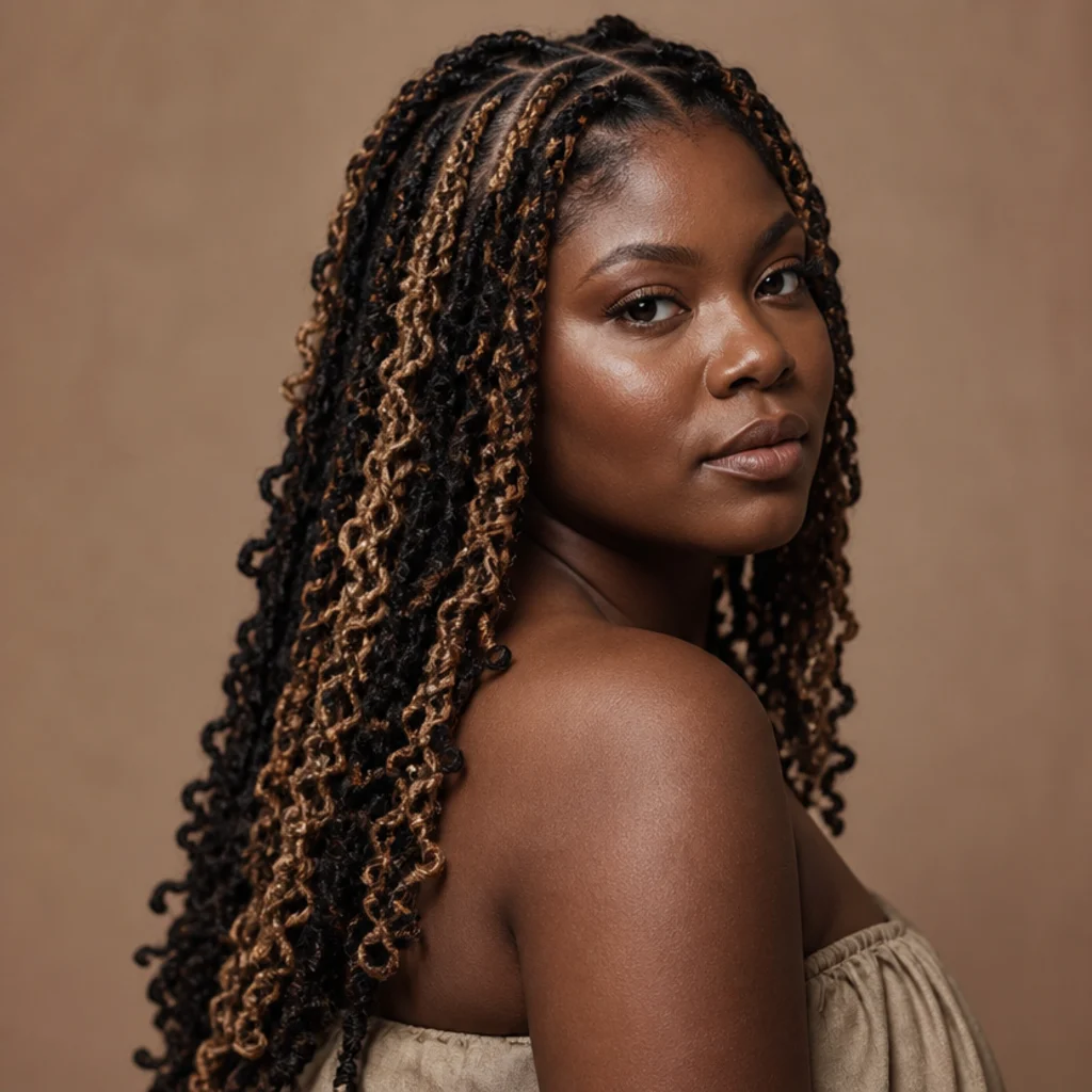 Black woman with two-tone boho butterfly locs blending black and honey at mid-back length at a three-quarter angle, the mixed strand colors dappling the light