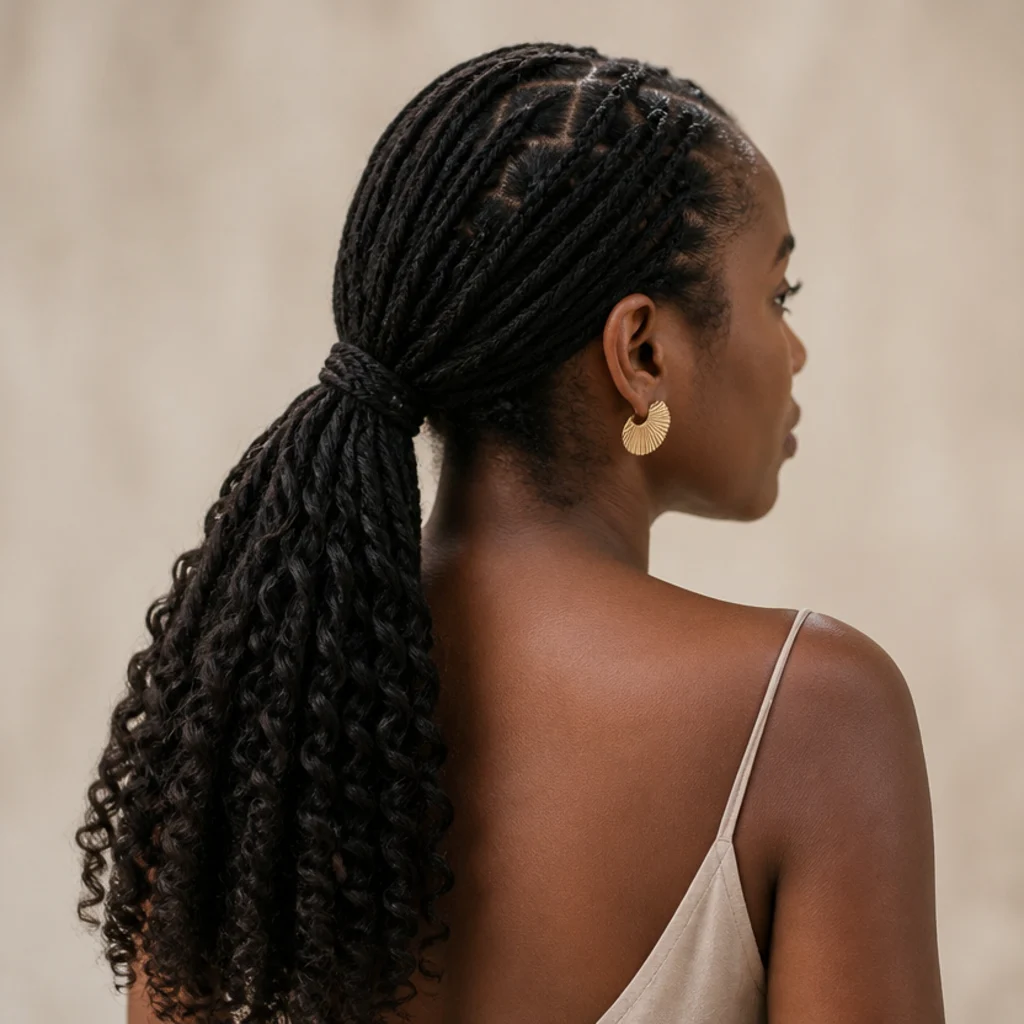 Black woman with boho butterfly locs pulled into a low ponytail at a three-quarter back angle, curly ends fanning out softly below the tie