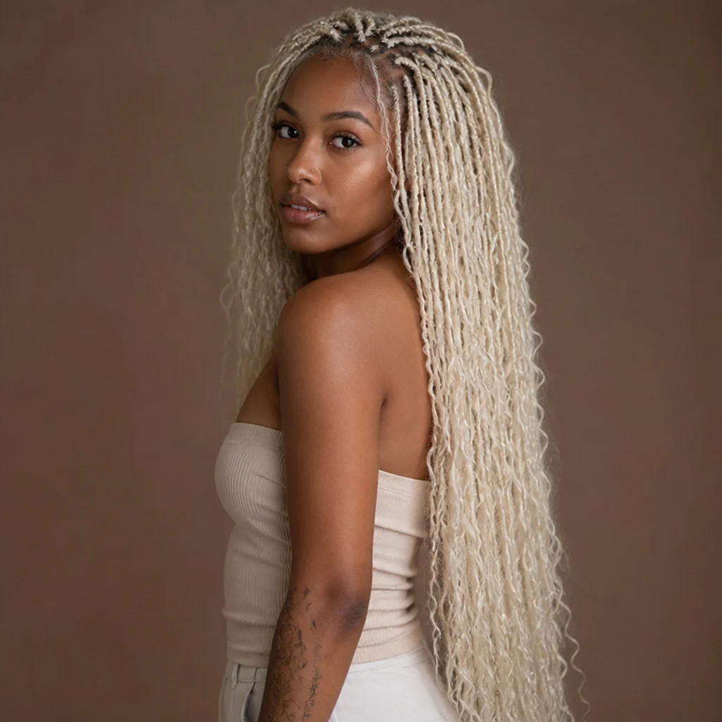 Black woman with platinum blonde boho butterfly locs at waist length at a three-quarter side angle, cool near-white tone with soft distressed loops catching light